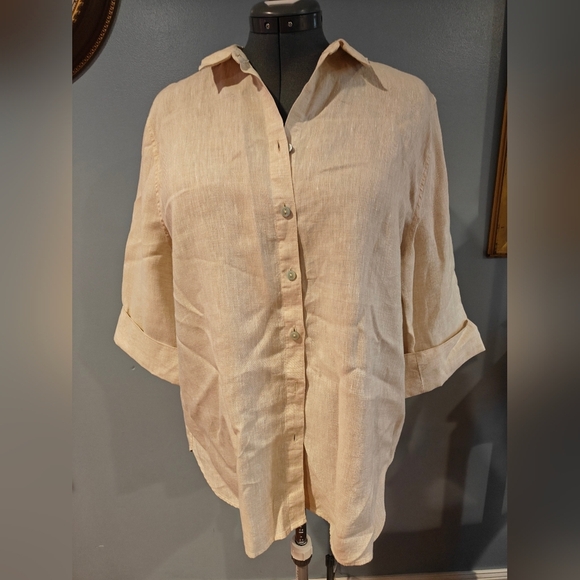 NWT Chico's Sand Beige Linen Button Up Shirt Size 3 Large - Picture 1 of 6